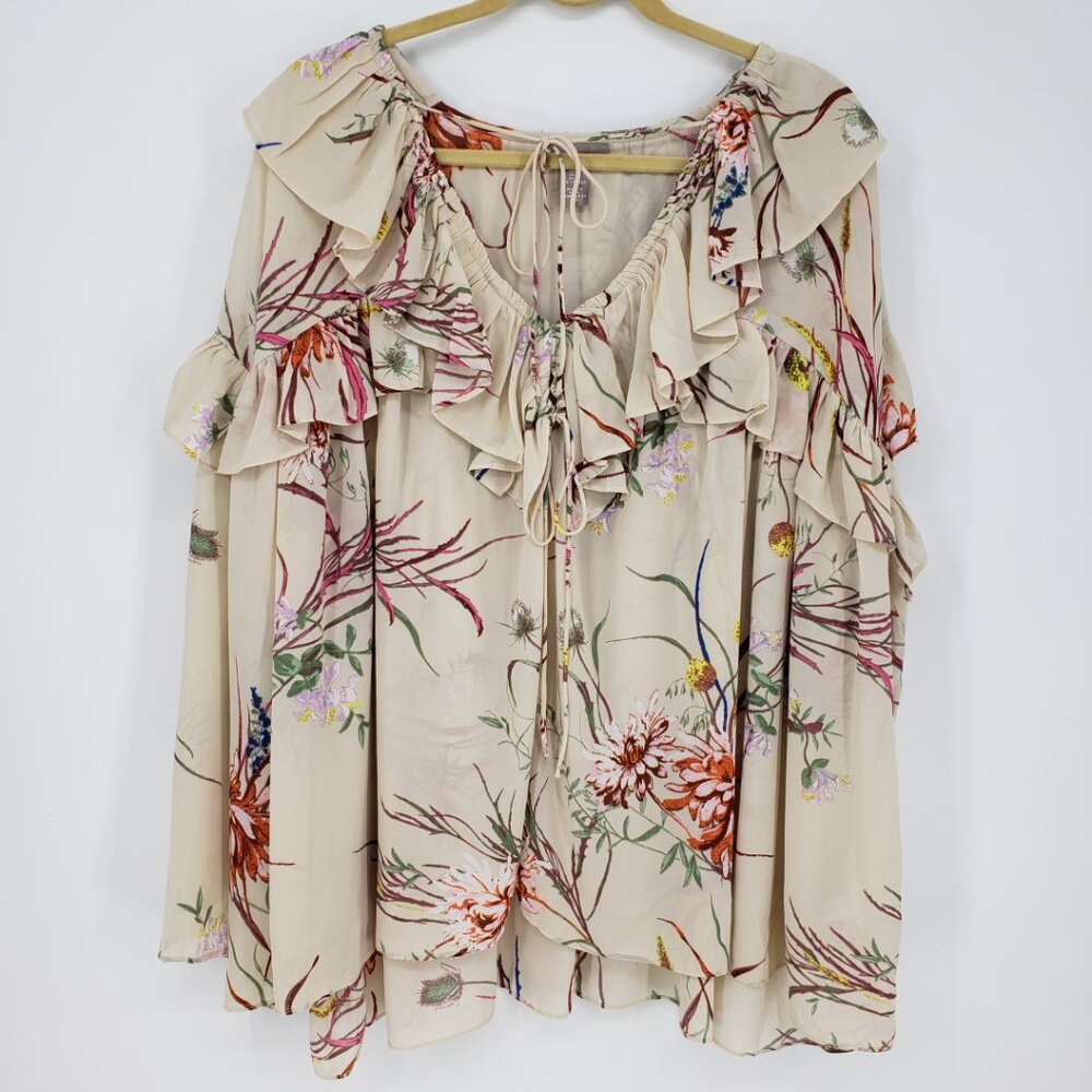 H&M Floral Print Ruffle Trim Blouse Top XL Womens Long Sleeve Cream
